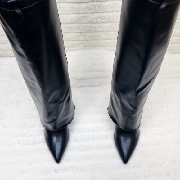 Paris Black Skirted Fold Over 3.5" Block Heel Knee High Boots - Picture 4 of 11